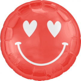 Шар (18''/46 см) Круг, Смайл с сердечками, Красный, 1 шт. 