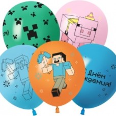 Шар (12''/30 см) С Днем Рождения! Пиксельный Герой, Ассорти, пастель, 2 ст, 25 шт. 