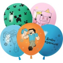 Шар (12''/30 см) С Днем Рождения! Пиксельный Герой, Ассорти, пастель, 2 ст, 25 шт. 