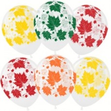 Шар (12''/30 см) Разноцветные листья, Прозрачный, кристалл, 5 ст, 25 шт. 