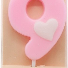 Свеча Цифра, 9 Белое сердечко, Розовый, 4,5 + 4 см, 1 шт. с держат. 