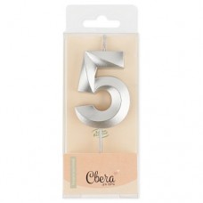 Свеча Цифра, 5 Грани, Серебро, Металлик, 4,2*6 + 4,5 см, 1 шт. с держат. 