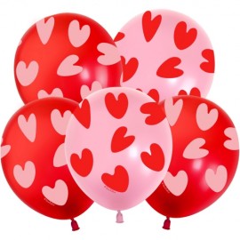 Шар (12''/30 см) Воздушные сердца, Красный (S52/010)/Розовый (S11/030), пастель, 5 ст, 25 шт. 