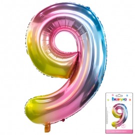 К 40 Цифра 9 Радуга нежный градиент в упаковке / Nine soft gradient / 1 шт /, Фольгированный шар 