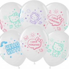 Шар (12''/30 см) Hello Kitty, С Днем Рождения!, Белый (200)/Прозрачный (600), кристалл, 4 ст, 25 шт. 