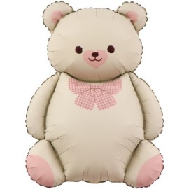 Шар (35''/89 см) Фигура, Мишка с бантом, Бежевый/Розовый, Сатин, 1 шт. 