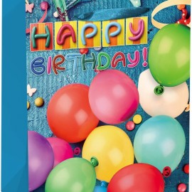 Пакет подарочный, С Днем Рождения! (разноцветные шарики), Голубой, 24*18*9 см, 1 шт. 