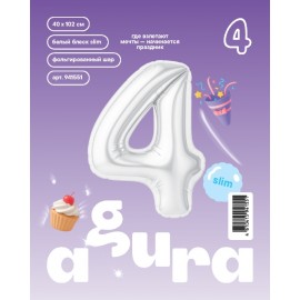 Шар (40''/102 см) Цифра, 4 Slim, Белый блеск, 1 шт. в уп. 