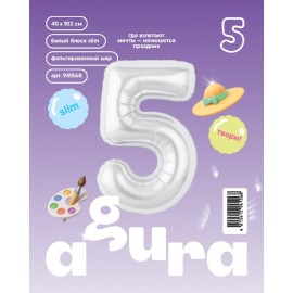 Шар (40''/102 см) Цифра, 5 Slim, Белый блеск, 1 шт. в уп. 