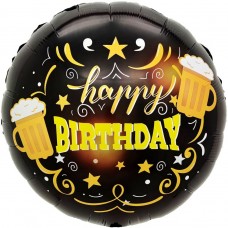 Шар (18''/46 см) Круг, Happy Birthday (кружки пива), Черный, 1 шт. 