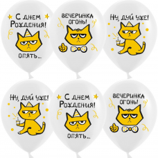 Шар (12''/30 см) С Днем Рождения! (рыжий котик), Белый, пастель, 1 ст, 25 шт. 