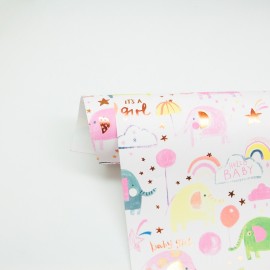 Упаковочная бумага (0,5*0,7 м) С Рождением Девочки (разноцветные слоники), Розовый, 1 шт. 