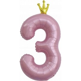 Шар (40''/102 см) Цифра, 3 Золотая корона, Розовый, 1 шт. в упак. 