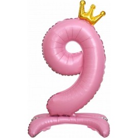 Шар (32''/81 см) Цифра, 9 Золотая корона, на подставке, Розовый, 1 шт. в упак. 